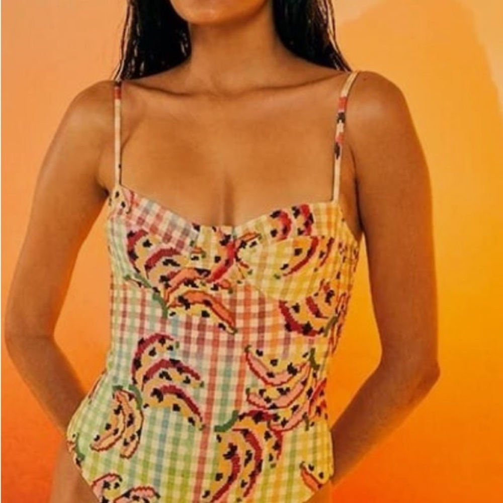 Colorful Checkered Fruit Print One-Piece Swimsuit